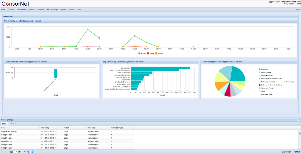 Cloud web filter control panel